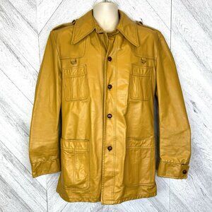 Vintage 70's Leather Jacket Mens Medium Retro Hipster Western Mustard Yellow